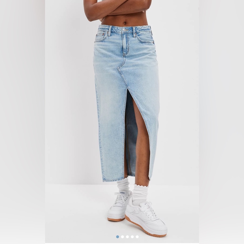 American Eagle Outfitters Light Wash Denim Maxi Skirt with Front Slit